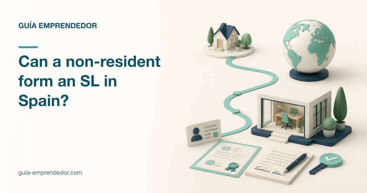 A non-resident forming a Spanish SL, illustrated with an international route, identity documents and a company workspace