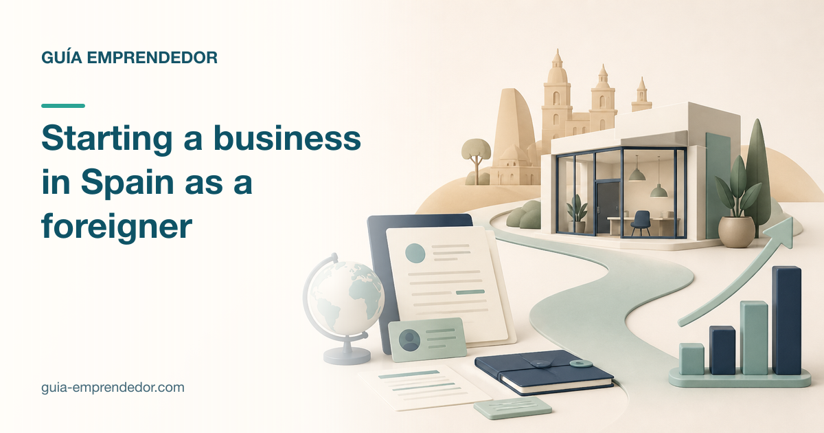 Starting a business in Spain as a foreigner, illustrated with international identity documents and a route to a Spanish company workspace